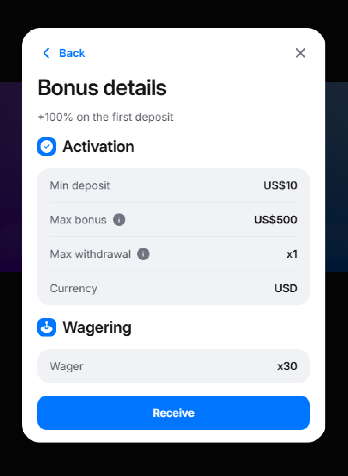 1win bonus details showing 100% first deposit, min deposit US$10, max bonus US$500, and x30 wager