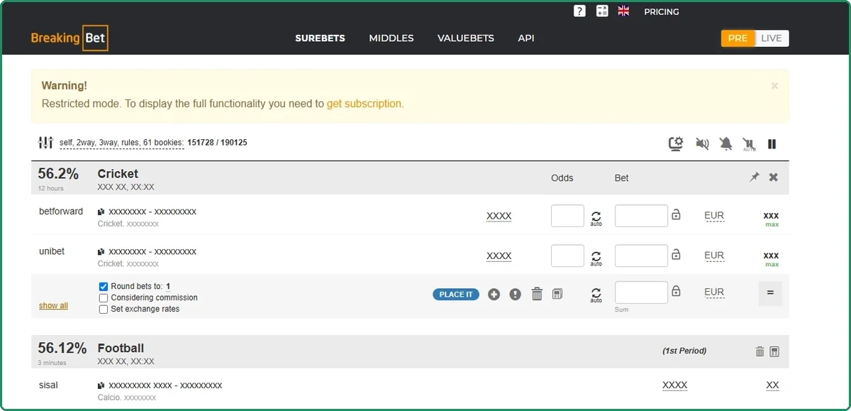 Scanner surebet row expanded into a stake calculator with odds and stake fields, lock icons, rounding and commission options