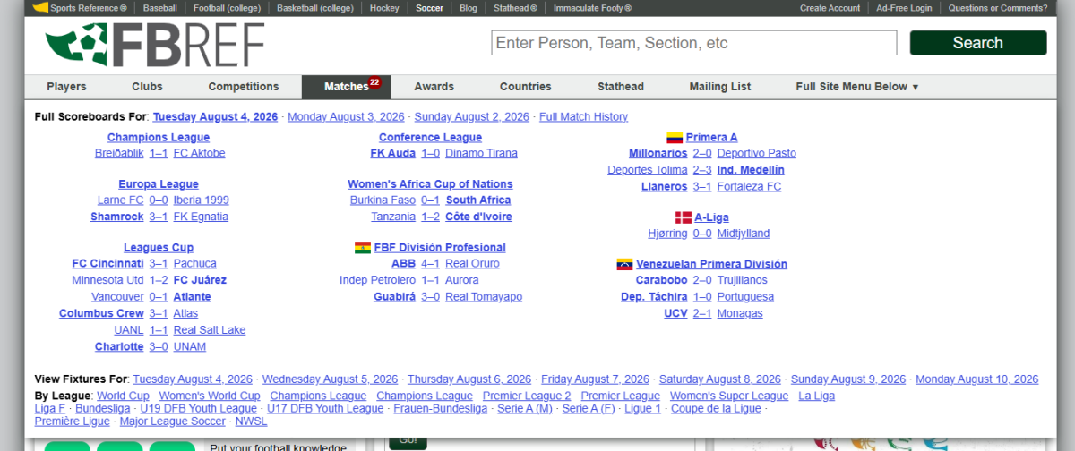 FBref daily scoreboards from Champions League to Bolivian first division