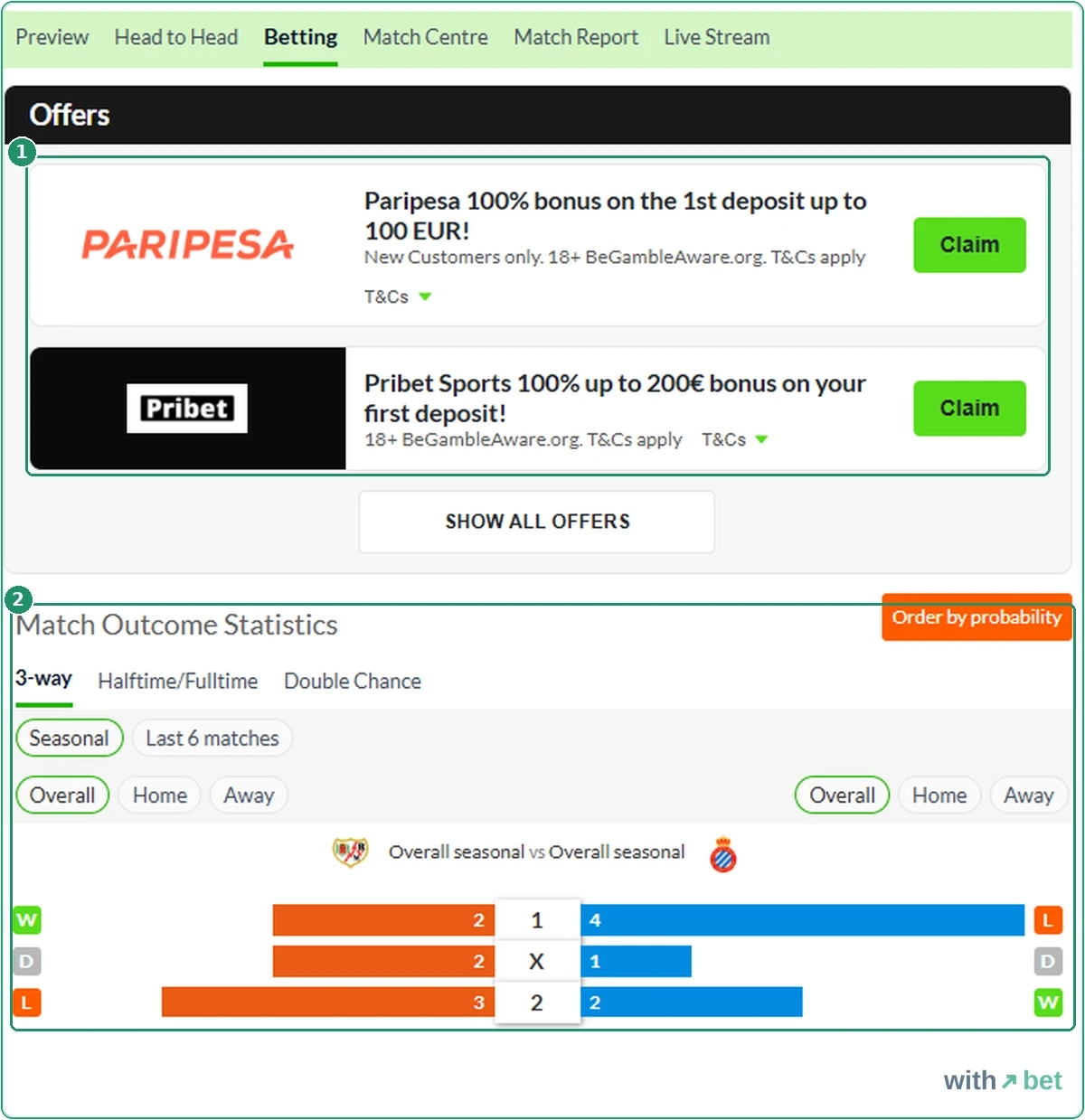 WhoScored Betting tab for Rayo Vallecano against Espanyol with two deposit bonus offers and Claim buttons above the Match Outcome Statistics block