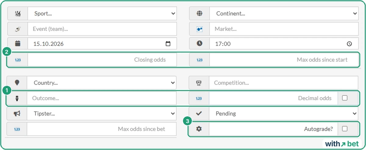 Smart Bet Tracker New Bet form with stake, event, market, outcome, odds, closing odds and the Autograde checkbox