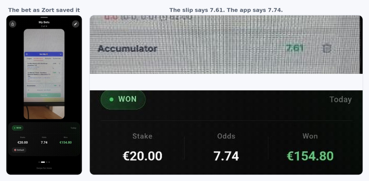 The bet slip shows a combined price of 7.61 while Zort saved the bet at 7.74