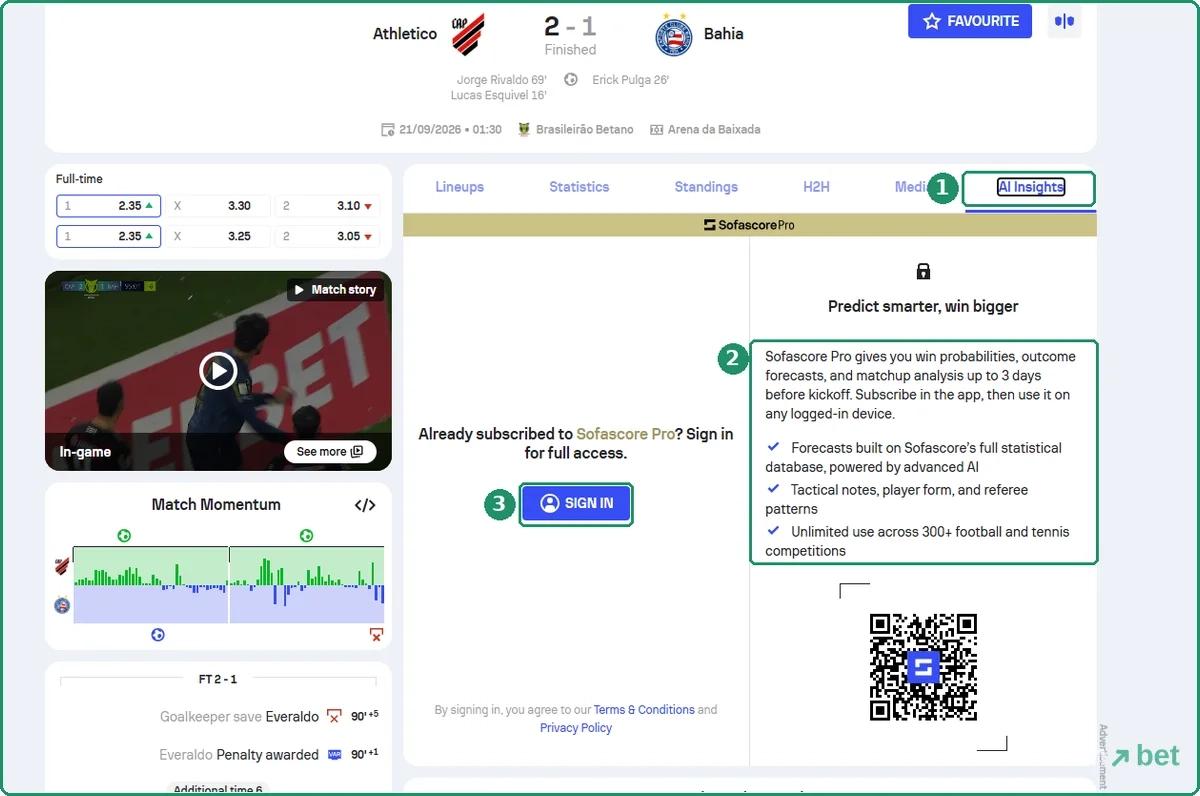 Sofascore AI Insights tab on the web showing the Sofascore Pro paywall with win probabilities, forecasts, a Sign in button and a QR code to the app