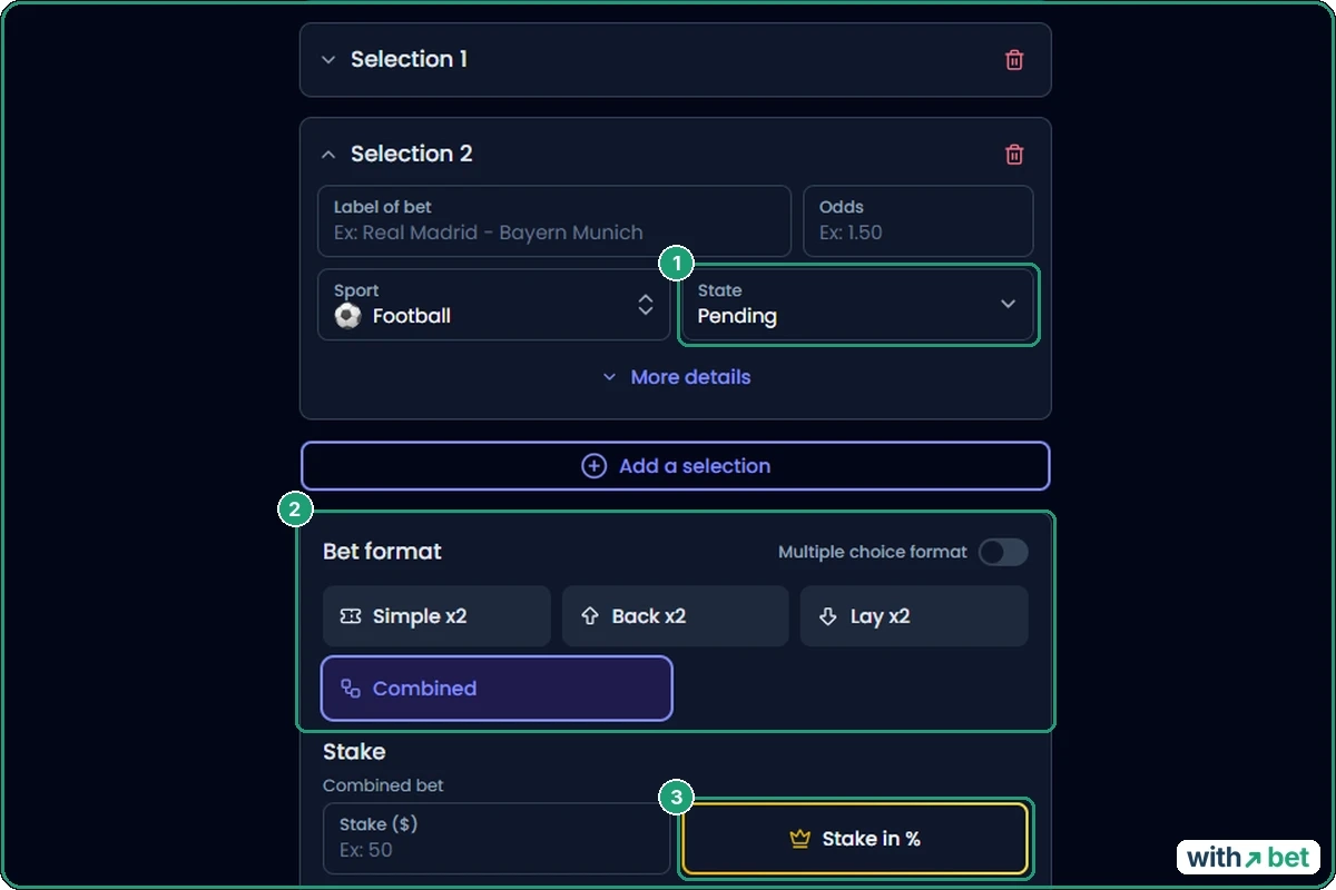 Bet-Analytix Add bet form with date, bookmaker, two selections, bet formats and stake fields