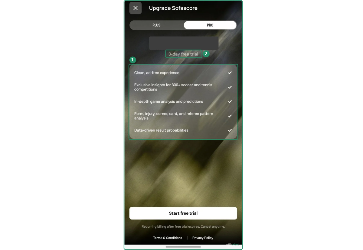 Sofascore app upgrade screen with the Pro tier selected, five features ticked and a three-day free trial, price hidden because it is regional