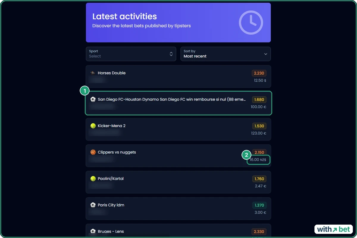 Bet-Analytix Latest activities feed listing public bets with odds and stakes in several currencies