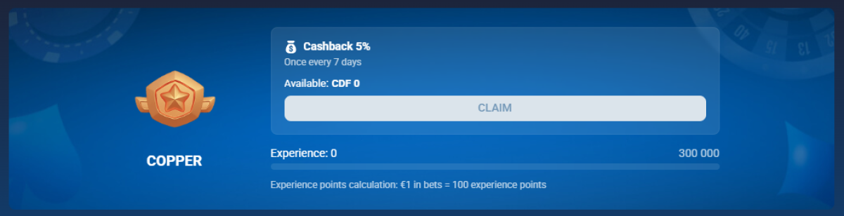 Copper level card in 1xBet Casino Cashback with the experience bar set to 300,000 points