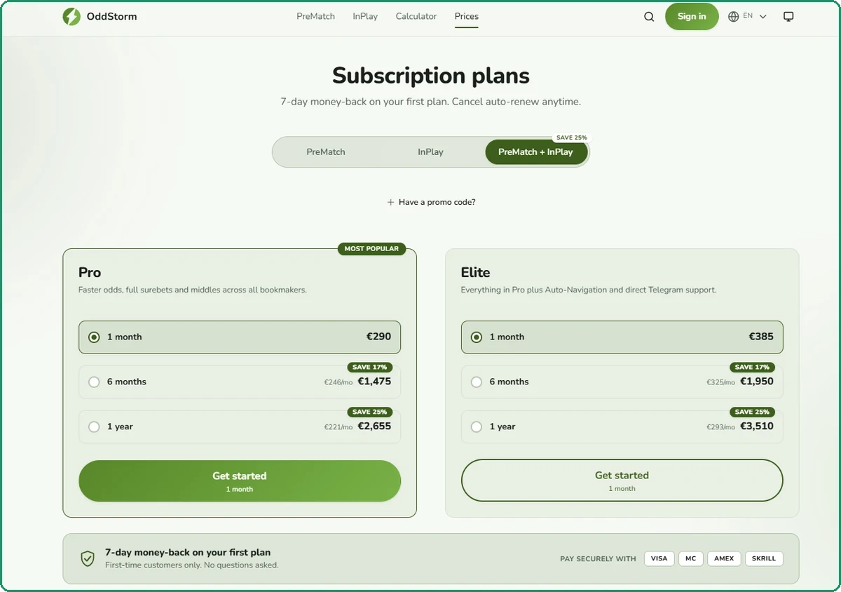 OddStorm subscription plans page with PreMatch, InPlay and PreMatch plus InPlay tabs, Pro and Elite tiers, monthly, six month and one year prices in euro