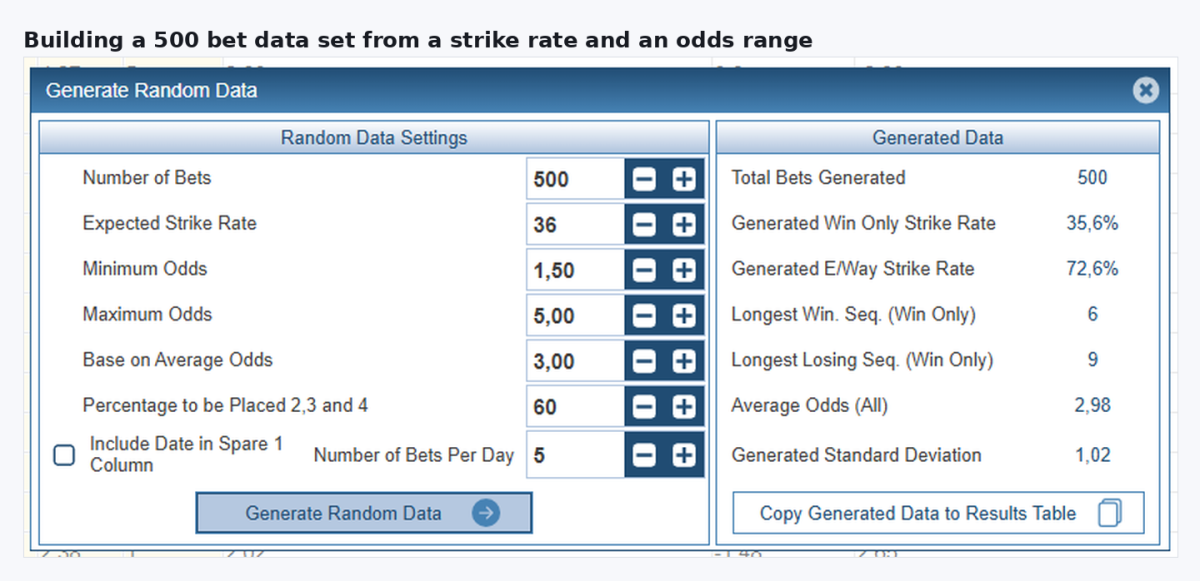 TSM random bet generator settings and generated results