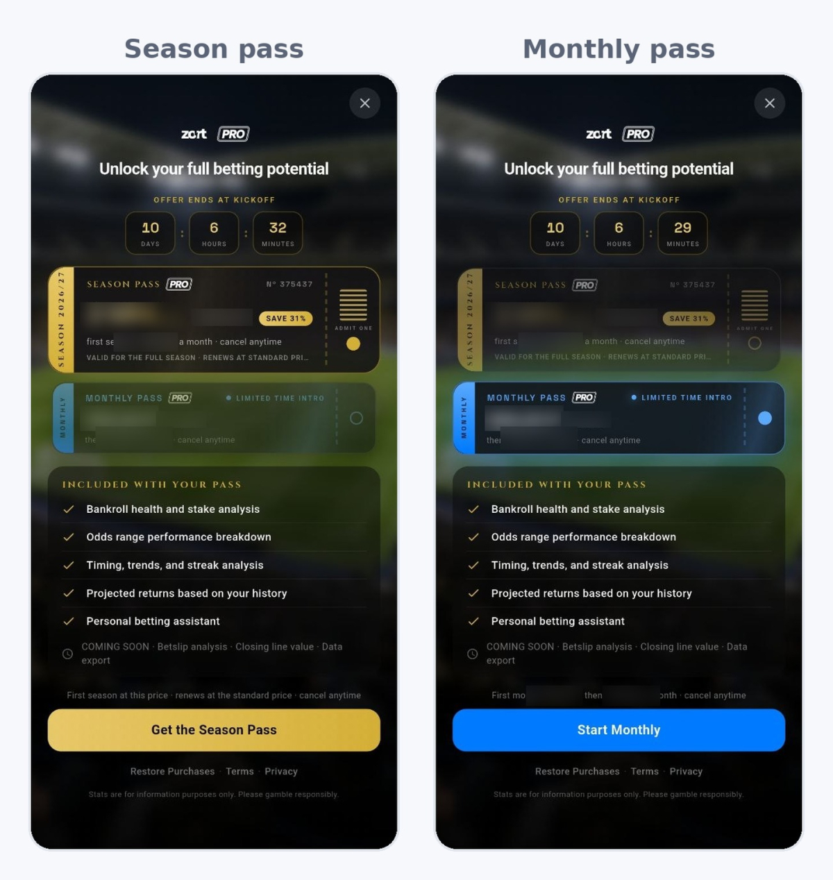 Zort Pro upgrade screen with a countdown above the season and monthly passes