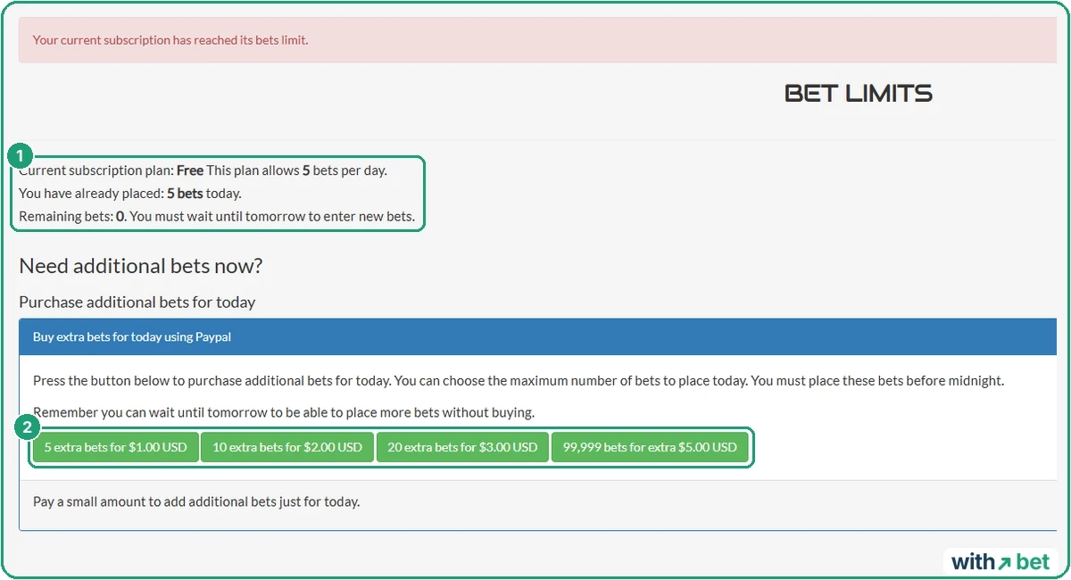 Smart Bet Tracker Bet Limits page offering extra bets for today from 1 to 5 US dollars by PayPal or cryptocurrency