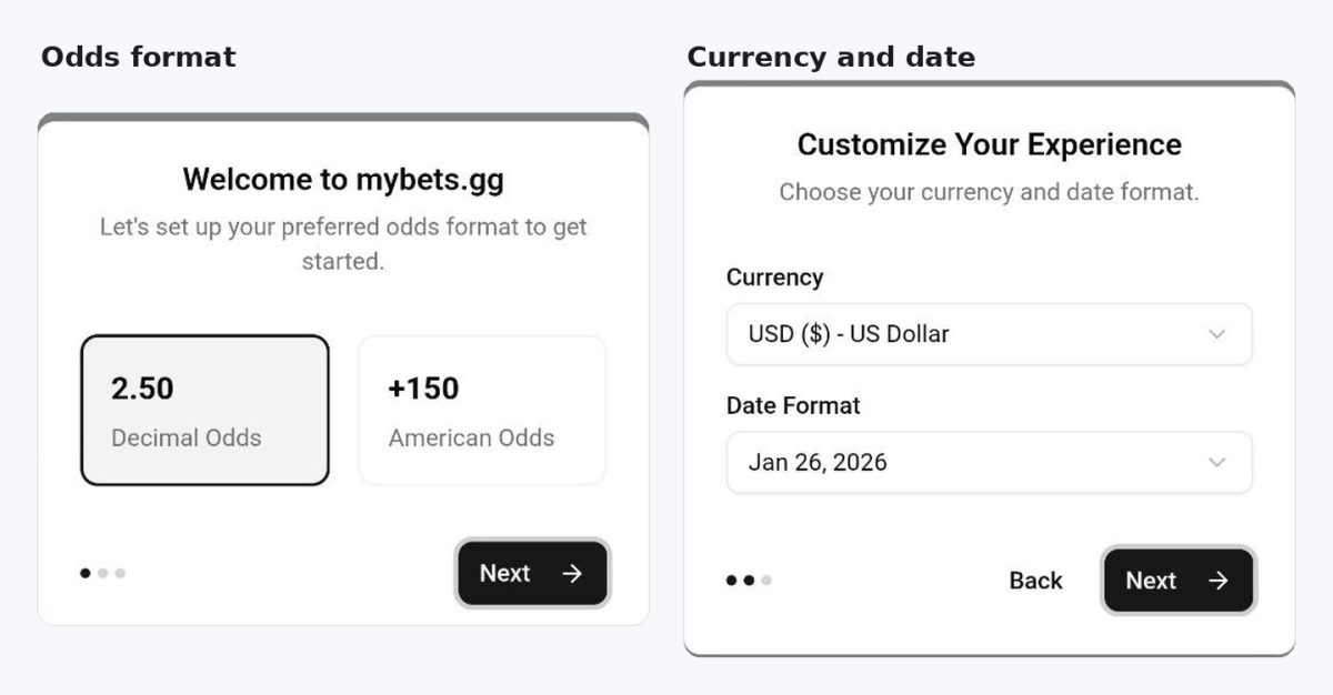 The mybets.gg set-up screens for odds format, currency and date format