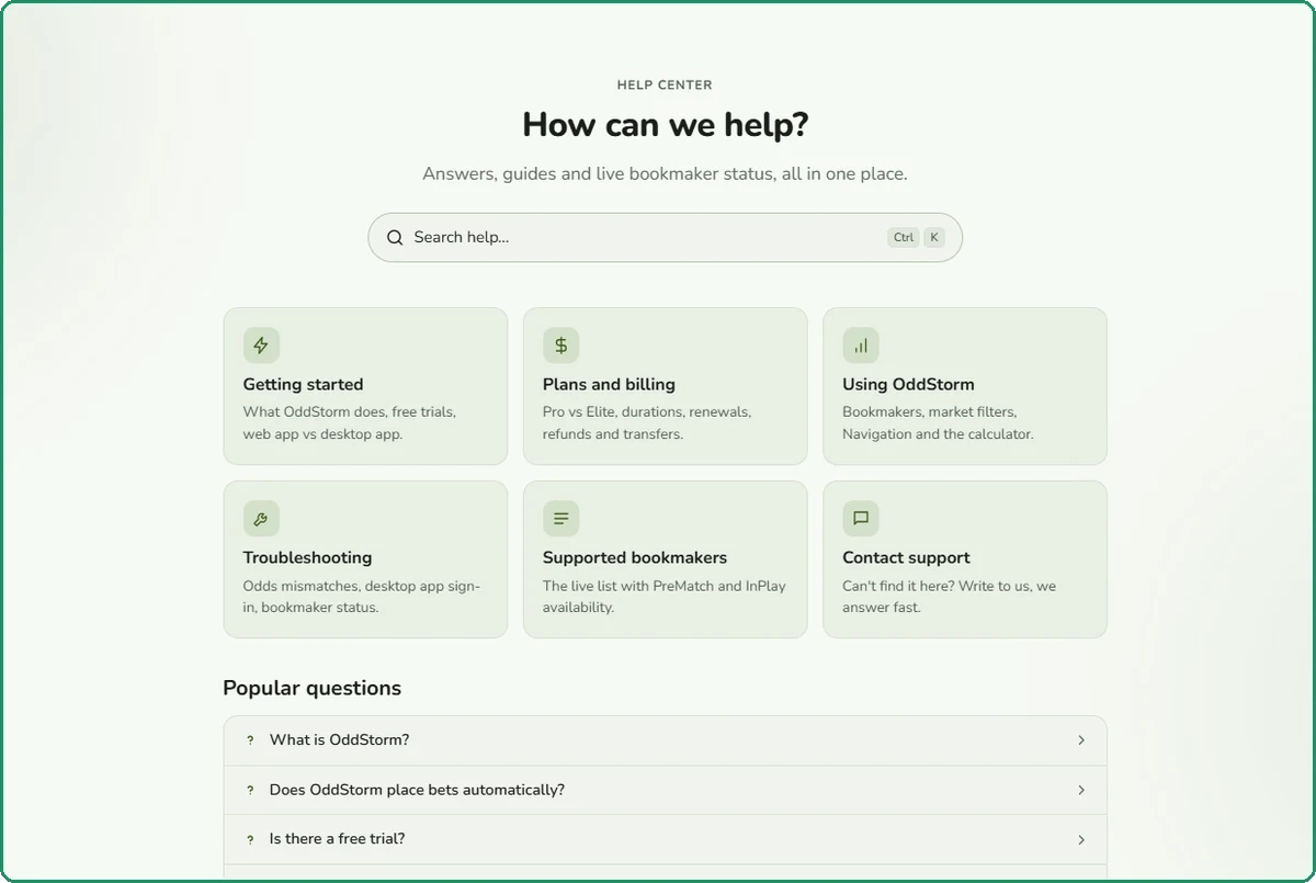 OddStorm help center page with sections for getting started, plans and billing, using OddStorm, troubleshooting, supported bookmakers and contact support, and a list of popular questions