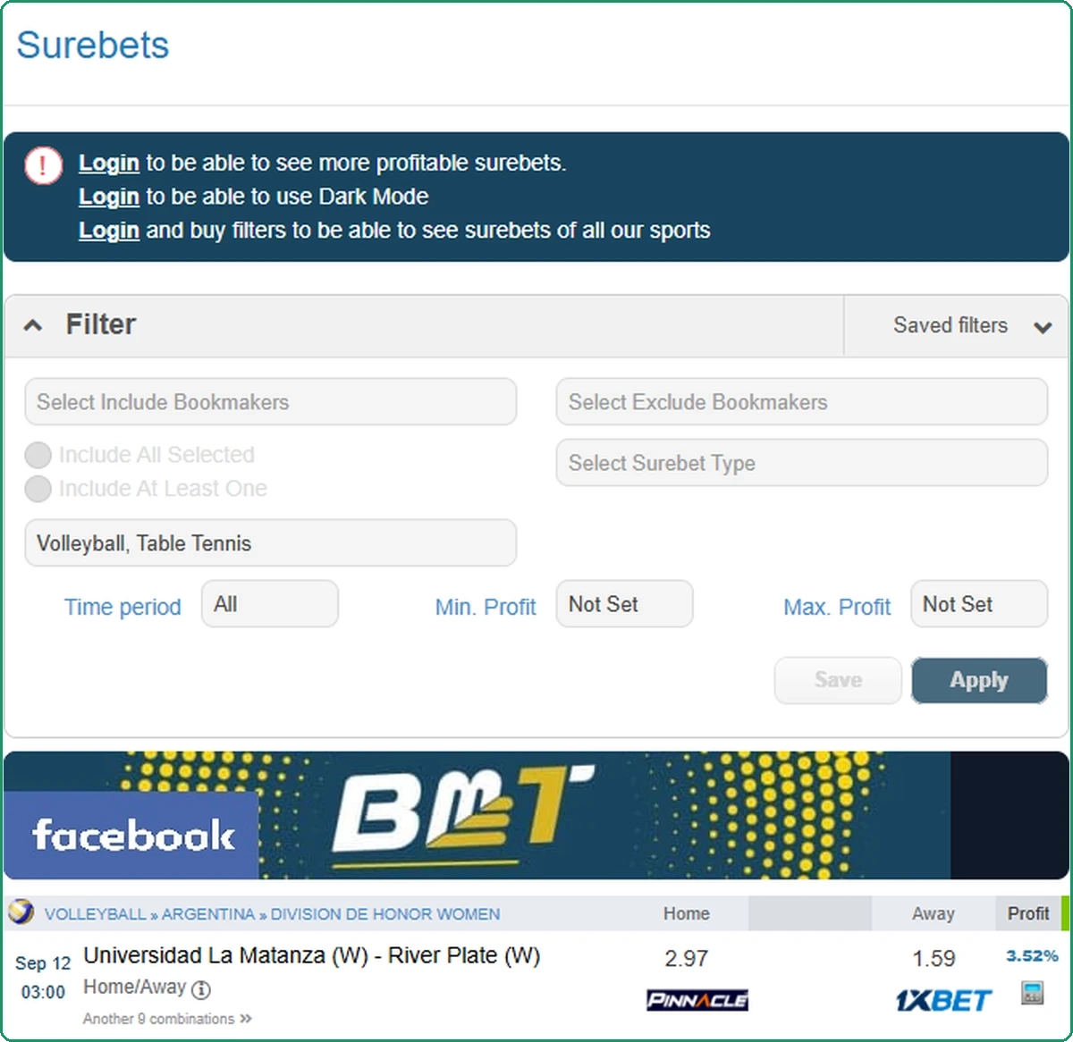 The BMBets Surebets page without an account, the login banner at the top, the sports filter locked to volleyball and table tennis, and two free rows with profits of 3.52% and 2.88%.