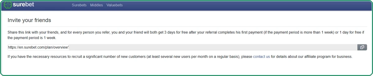 Surebet.com Invite your friends page explaining that both users get 3 free days after the referred friend&amp;amp;amp;amp;amp;amp;amp;amp;amp;amp;#39;s first payment