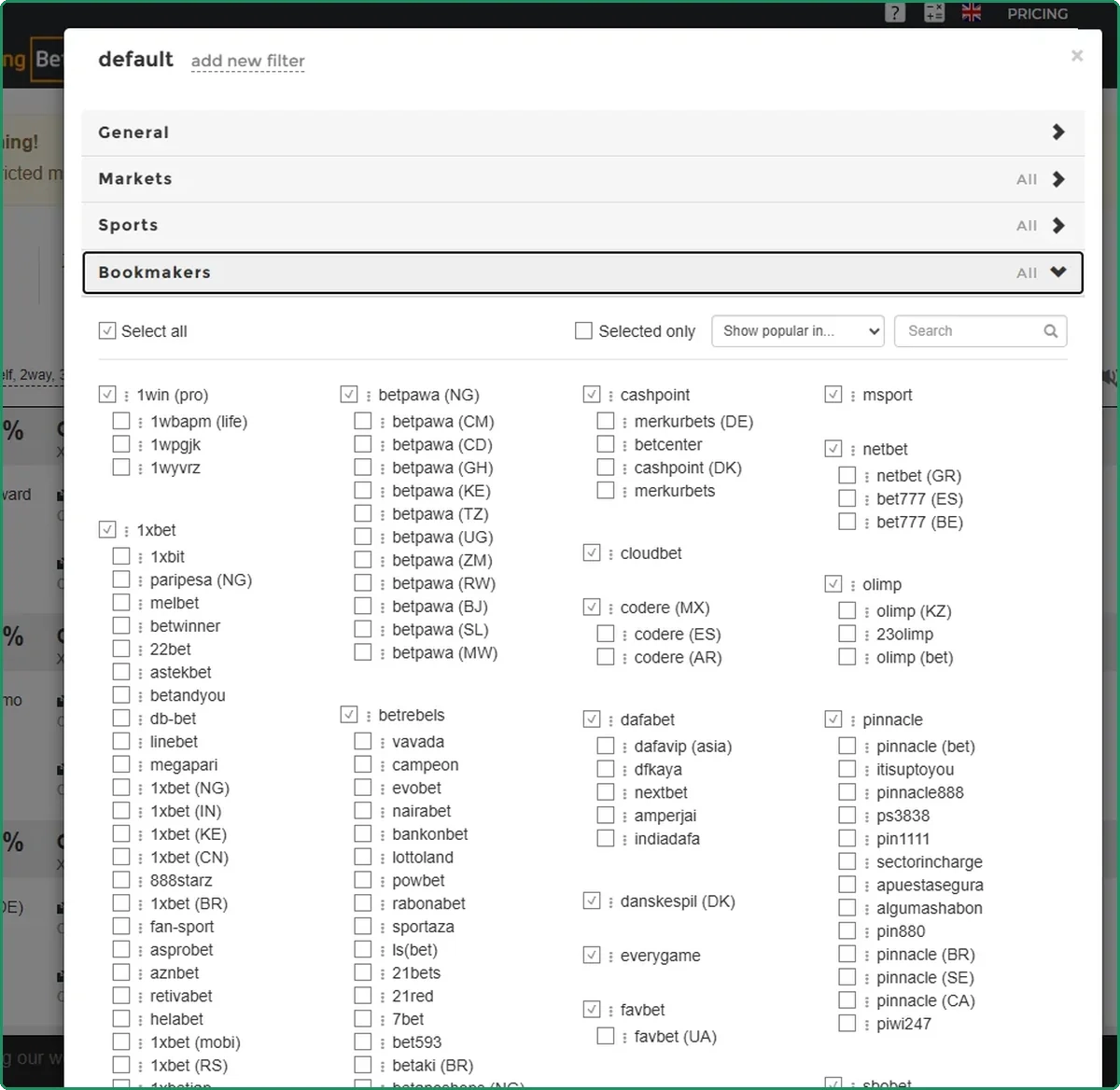 BreakingBet bookmaker filter showing parent brands with regional clones nested under them