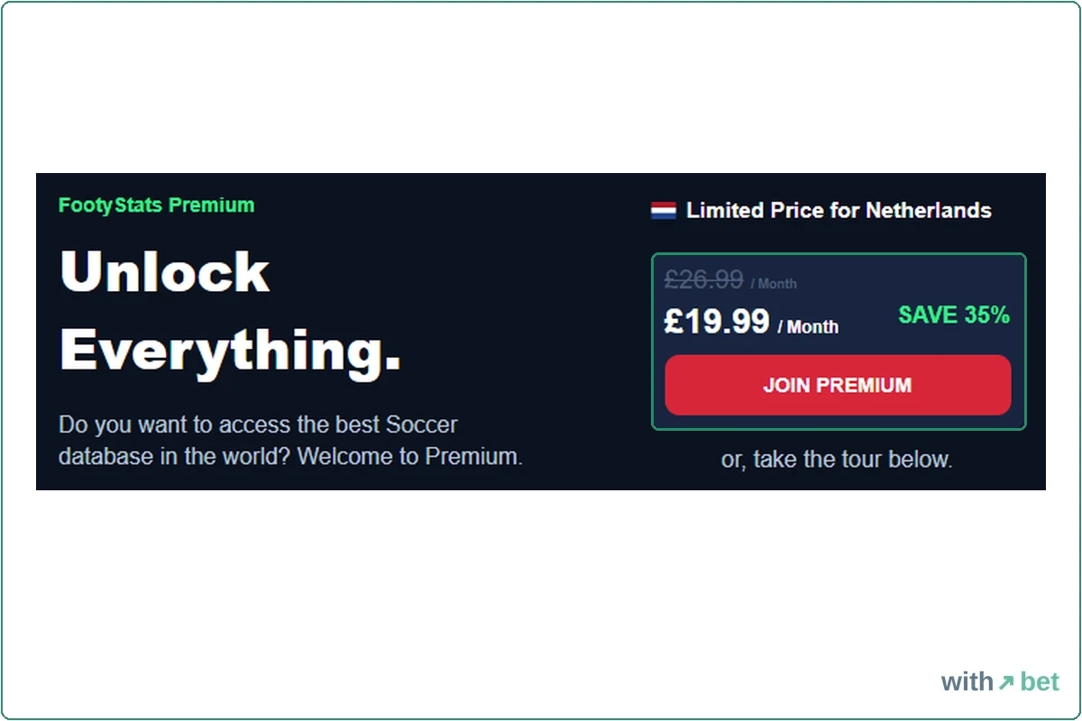 FootyStats Premium page showing &amp;amp;amp;amp;pound;19.99 a month against a crossed-out &amp;amp;amp;amp;pound;26.99 and a SAVE 35% badge