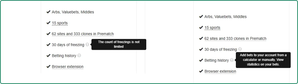 BreakingBet plan page tooltips explaining unlimited freezing and betting history