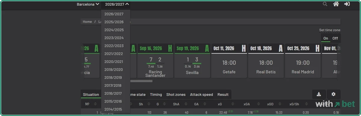 Understat season drop-down listing every season from 2026/2027 back to 2014/2015