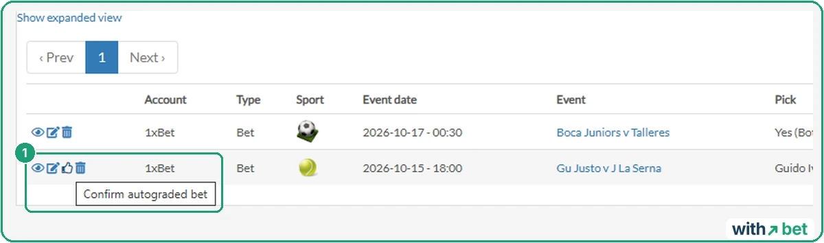 Smart Bet Tracker settled bets list with the Confirm autograded bet tooltip on an automatically settled tennis bet