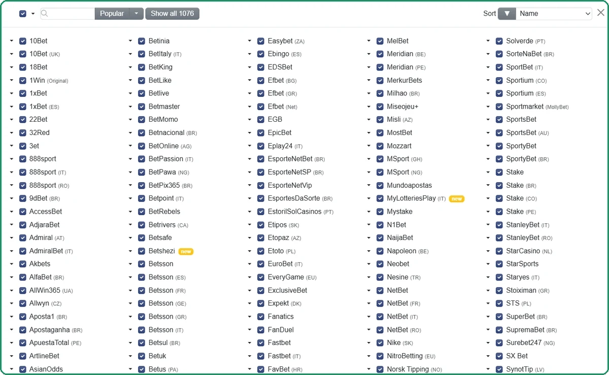 Surebet.com bookmaker filter with Show all 1076 button, listing bookmakers like 10Bet, 1xBet, Betsson in six versions, Efbet, NaijaBet, Stake and SportyBet with country tags