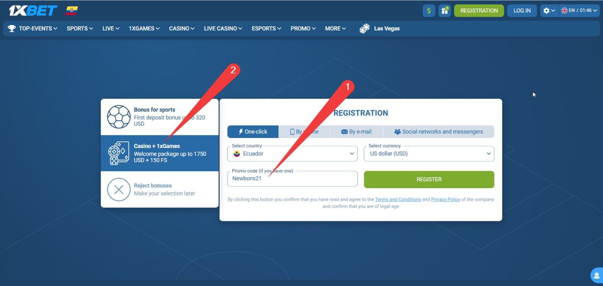 1xBet registration form highlighting Newbons21 promo code entry field and bonus selection dropdown menu location