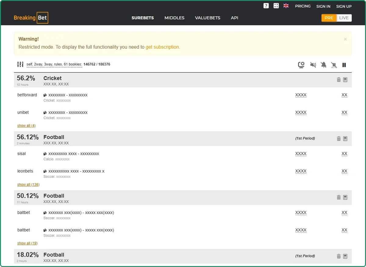 BreakingBet free account in restricted mode with surebet percentages visible and team names and odds masked