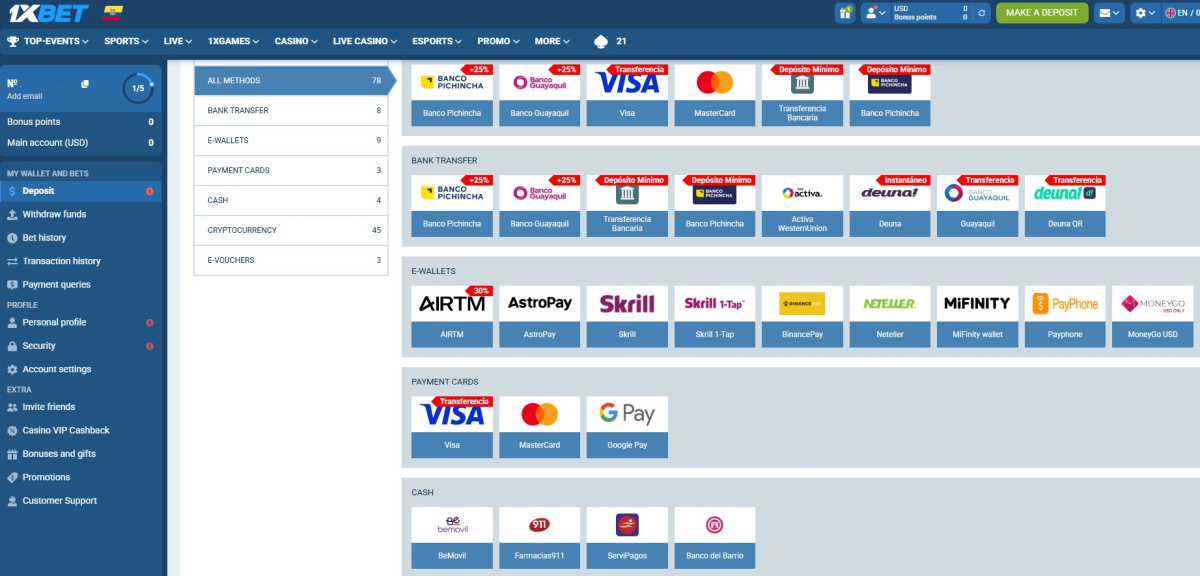 1xBet payment methods page with cards, e-wallets and crypto